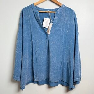 New In Blue Mineral Wash V Neck Tunic Top Plus Size 2X NWT CHIC SOUL